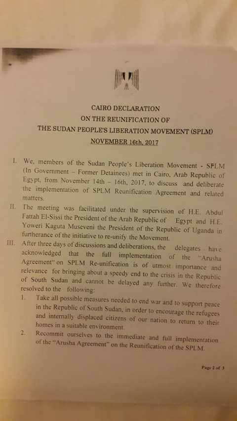 Cairo Declaration: The Unification Of The SPLM Under Gov't And G-10 ...